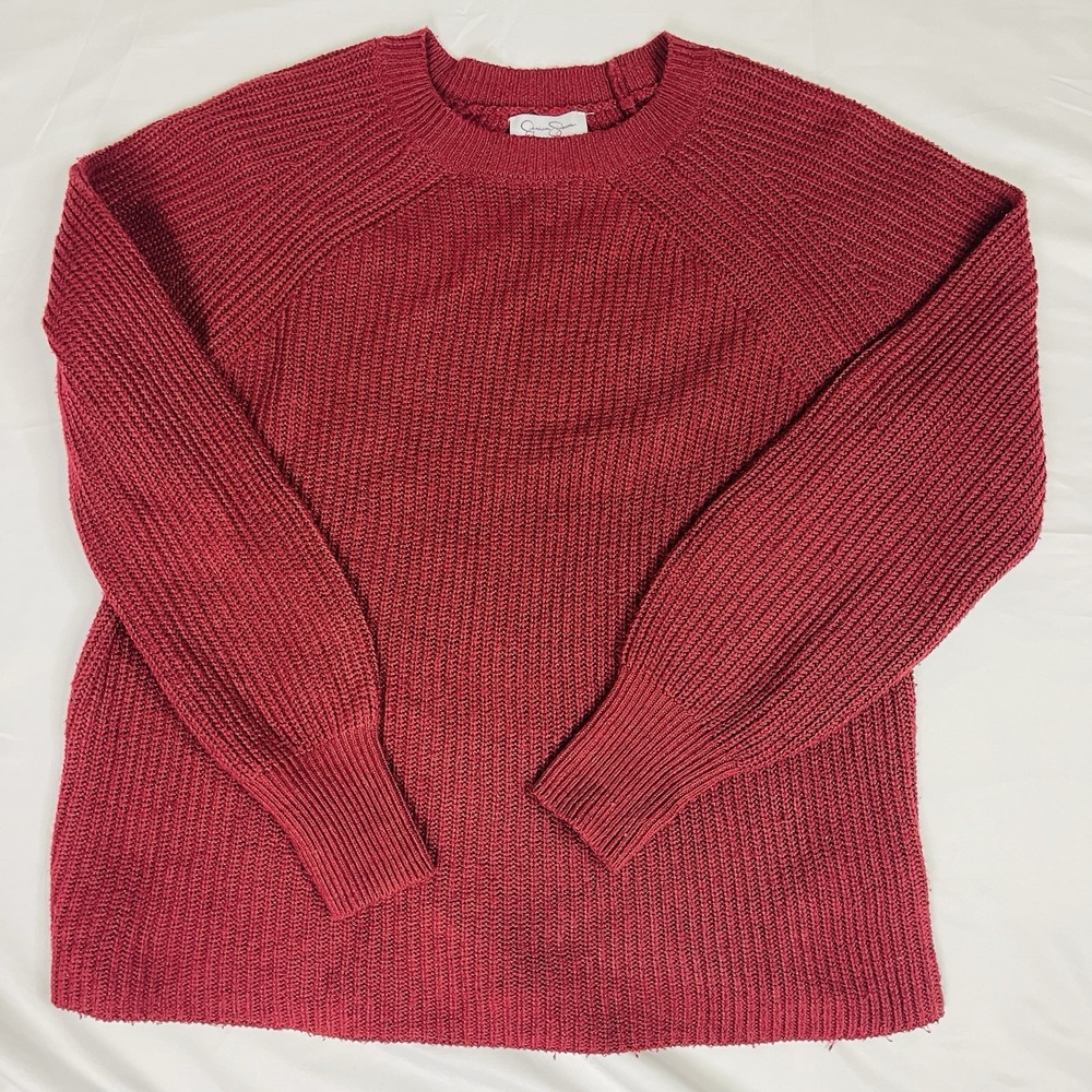 Jessica Simpson Womens S Red Ribbed Crew Neck Sweater Raglan Knit Pullover